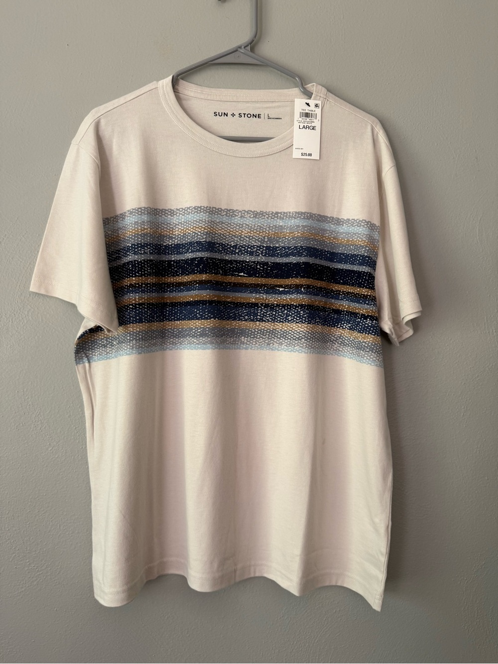 Sun + Stone Cream Short Sleeve T-Shirt with Navy & Tan Stripes